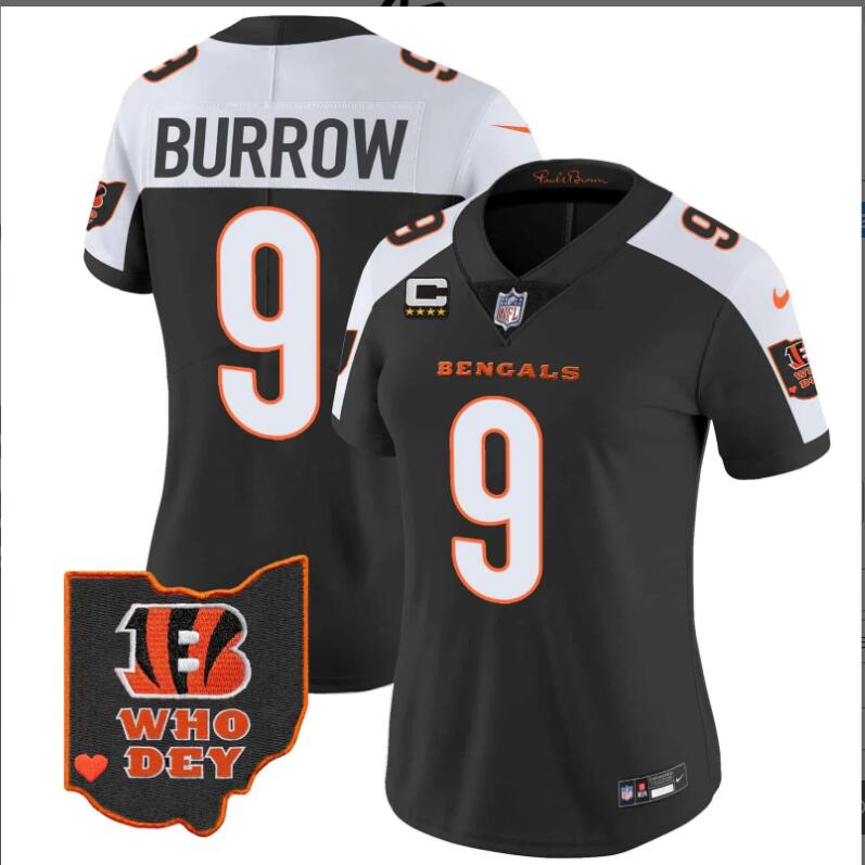 Women Cincinnati Bengals 9 Burrow Ohio Patch Vapor Limited 2024 NFL Nike black jerseys